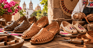 Huaraches artesanales mexicanos de piel hechos a mano en un taller tradicional
